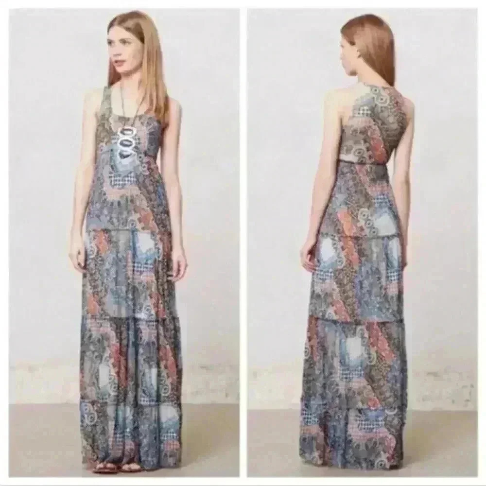 Antropologie Weston Wear Sleeveless Flowy Tiered Lined Maxi Dress Size S